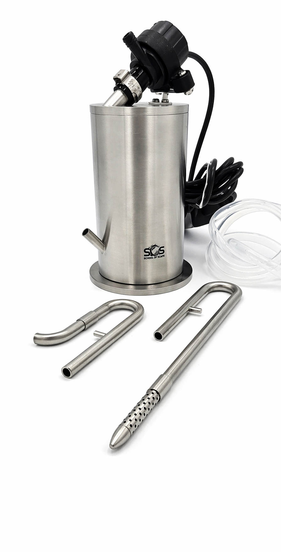 Stainless steel brewing equipment with a tank, faucet, and accessories on a white background
