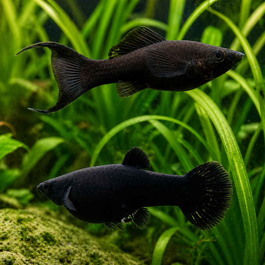 Two dark-colored fish swimming among green aquatic plants