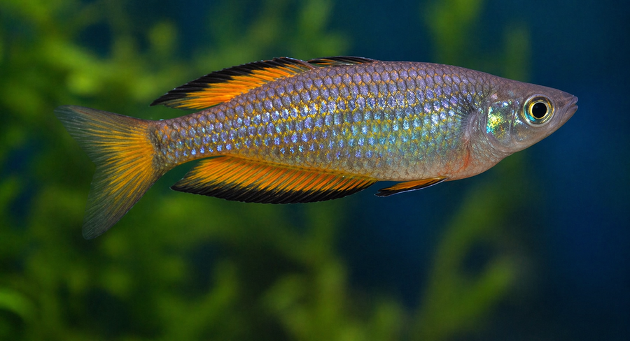 Colorful fish with orange and yellow tail fin against a blurred green and blue background