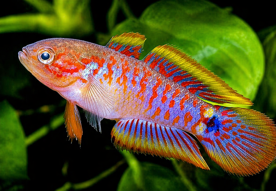 Colorful fish with red, orange, and blue patterns on a green leaf background