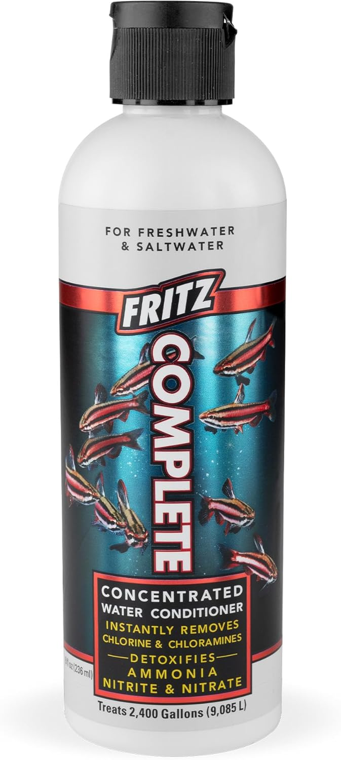 Fritz Complete water conditioner bottle for freshwater and saltwater with fish illustration on label.