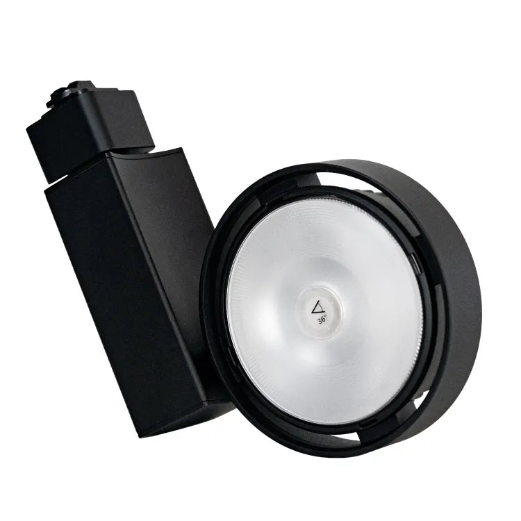 Black track light fixture on a white background