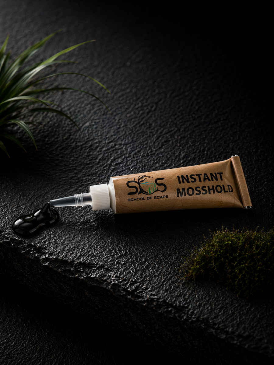 Tube of 'Instant Moshold' on a dark surface with a plant in the corner