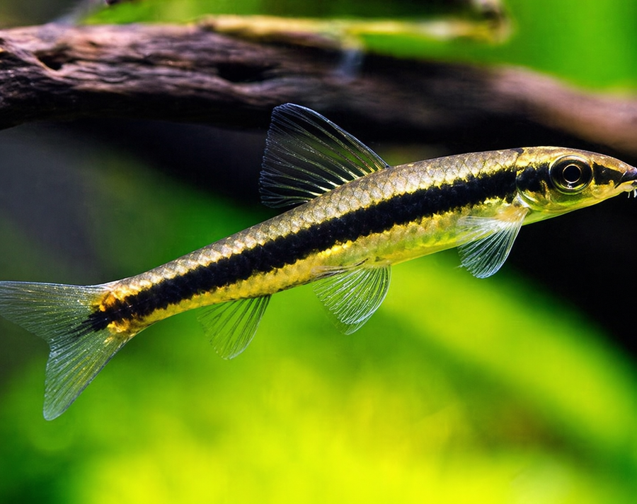 Fish with black and yellow stripes in an aquarium setting