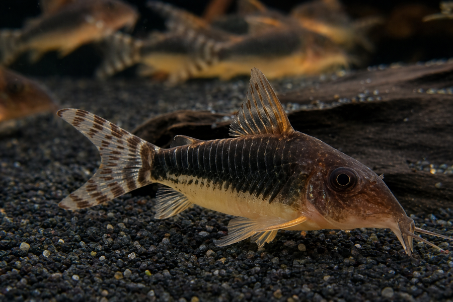 Small fish with a striped pattern on a dark substrate