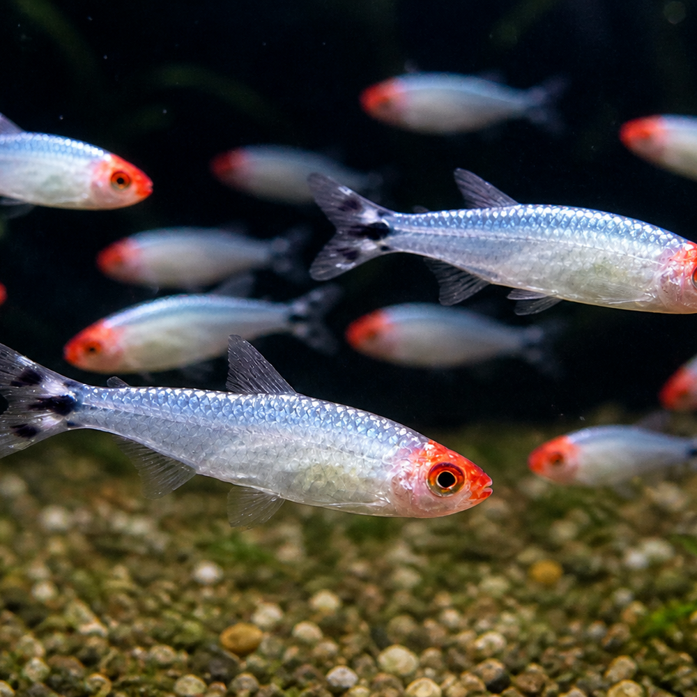 Small fish with red faces swimming in an aquarium with a dark background