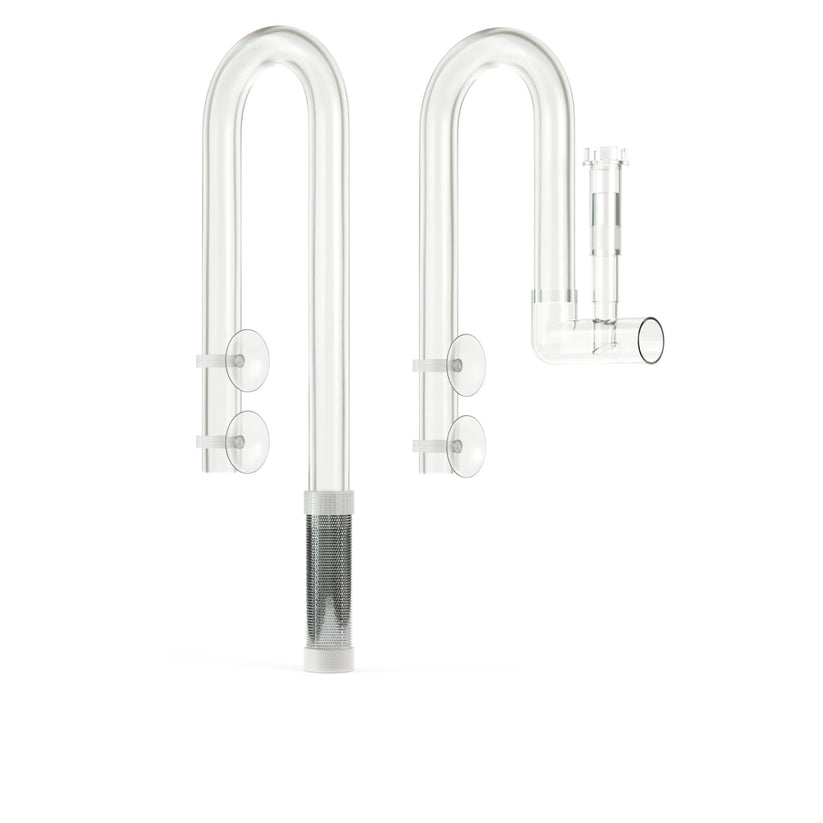 Two clear U-shaped glass tubes with metal components