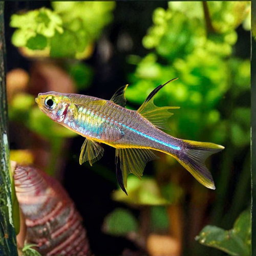 Colorful fish swimming in an aquarium with green plants