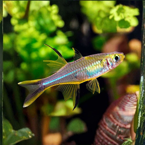 Colorful fish swimming in an aquarium with green plants