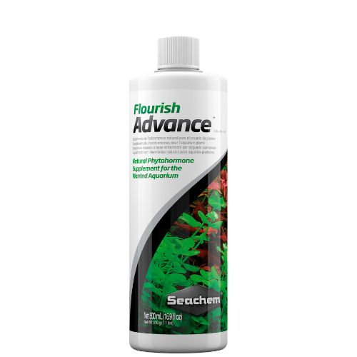 Seachem Flourish Advance bottle on a white background