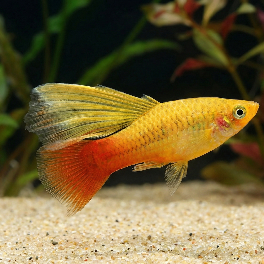 Yellow and orange fish in an aquarium setting with blurred plants in the background