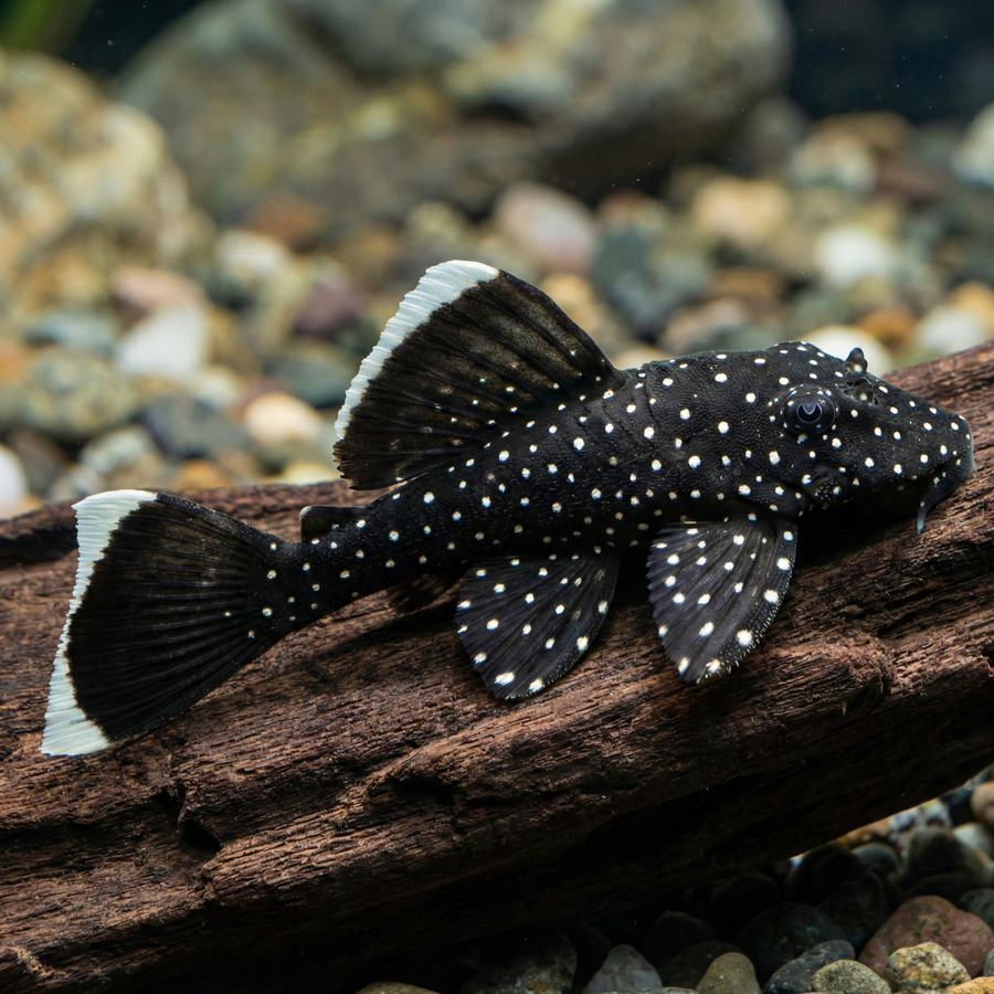 Black and white spotted fish on a wooden log with pebbles in the background
