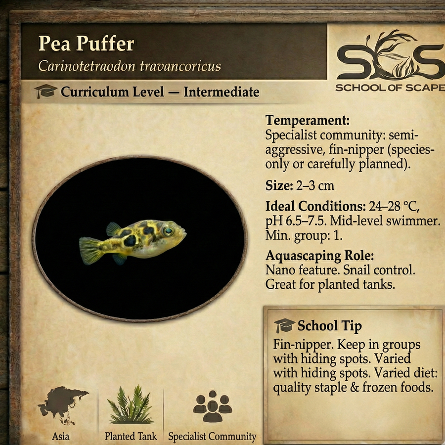 Card with information about Pea Puffer fish, including a picture of the fish and details on care and behavior.