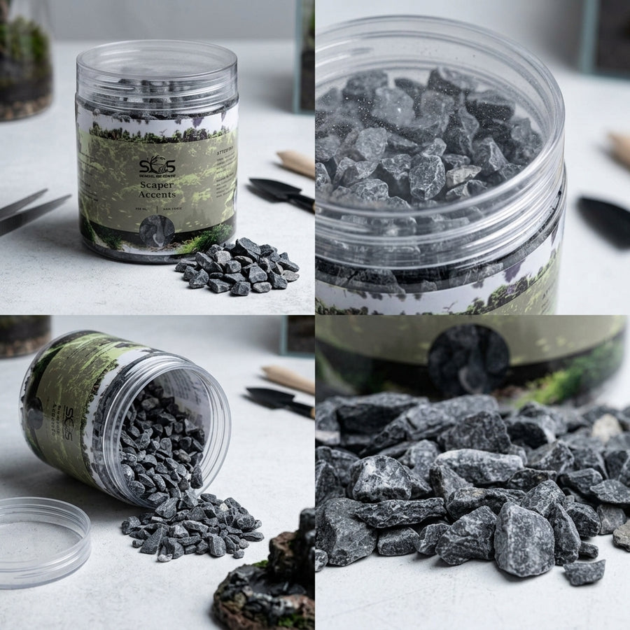 Collage of a container labeled 'Scaper Agents' with dark gray stones on a light surface.