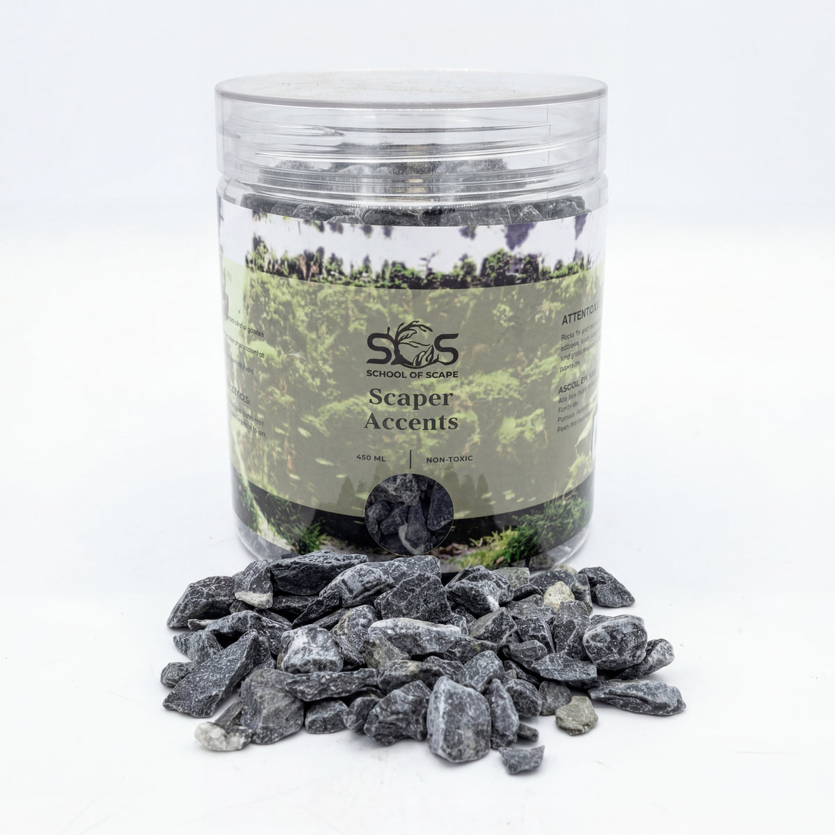Jar of Scaper Accents with decorative stones on a white background