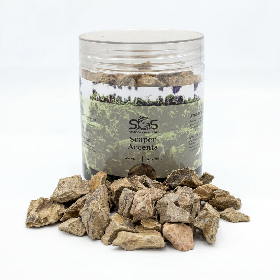 Jar of Scaper Accents with decorative stones on a white background