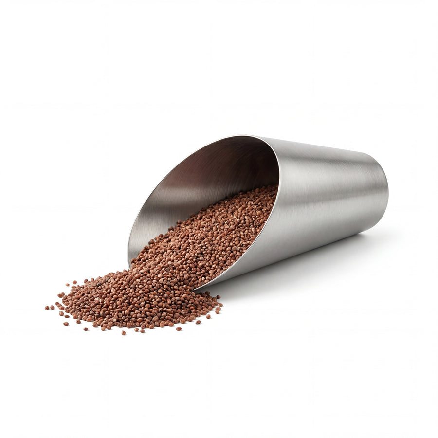 Metal scoop filled with brown seeds on a white background