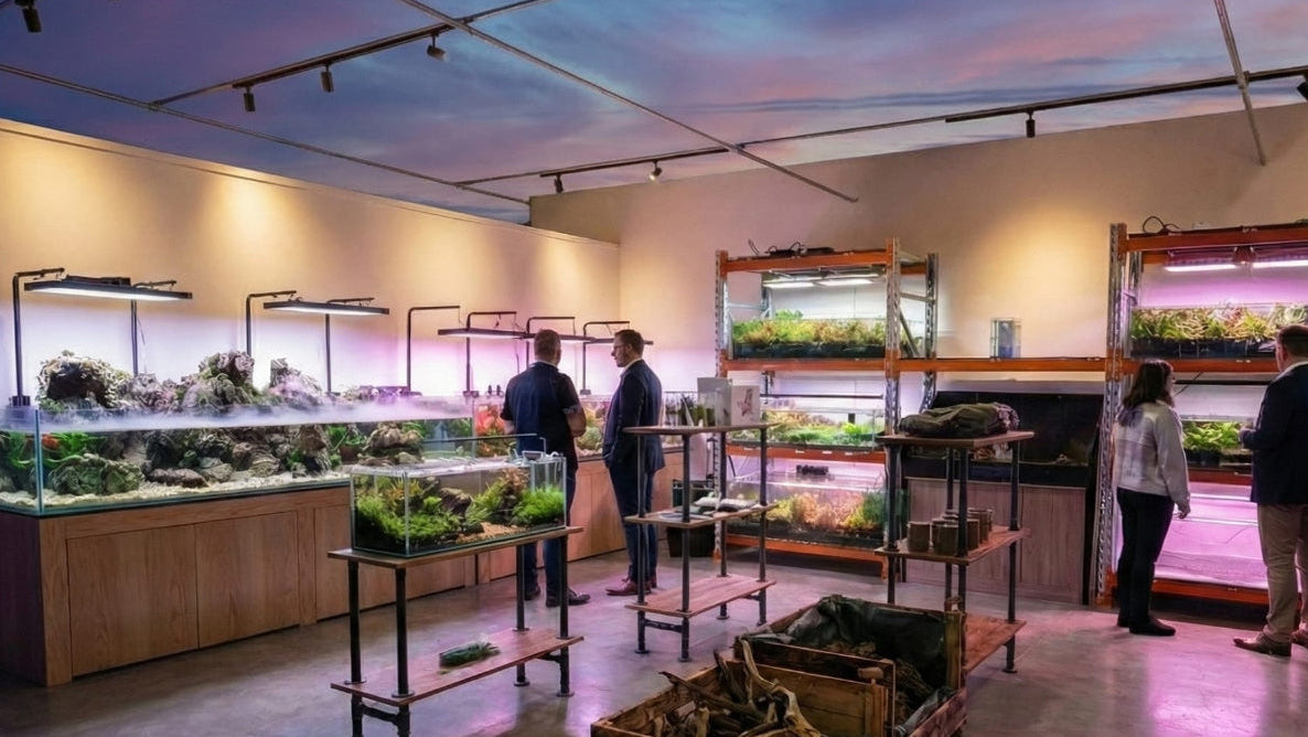 Modern indoor farming facility with people observing plants.