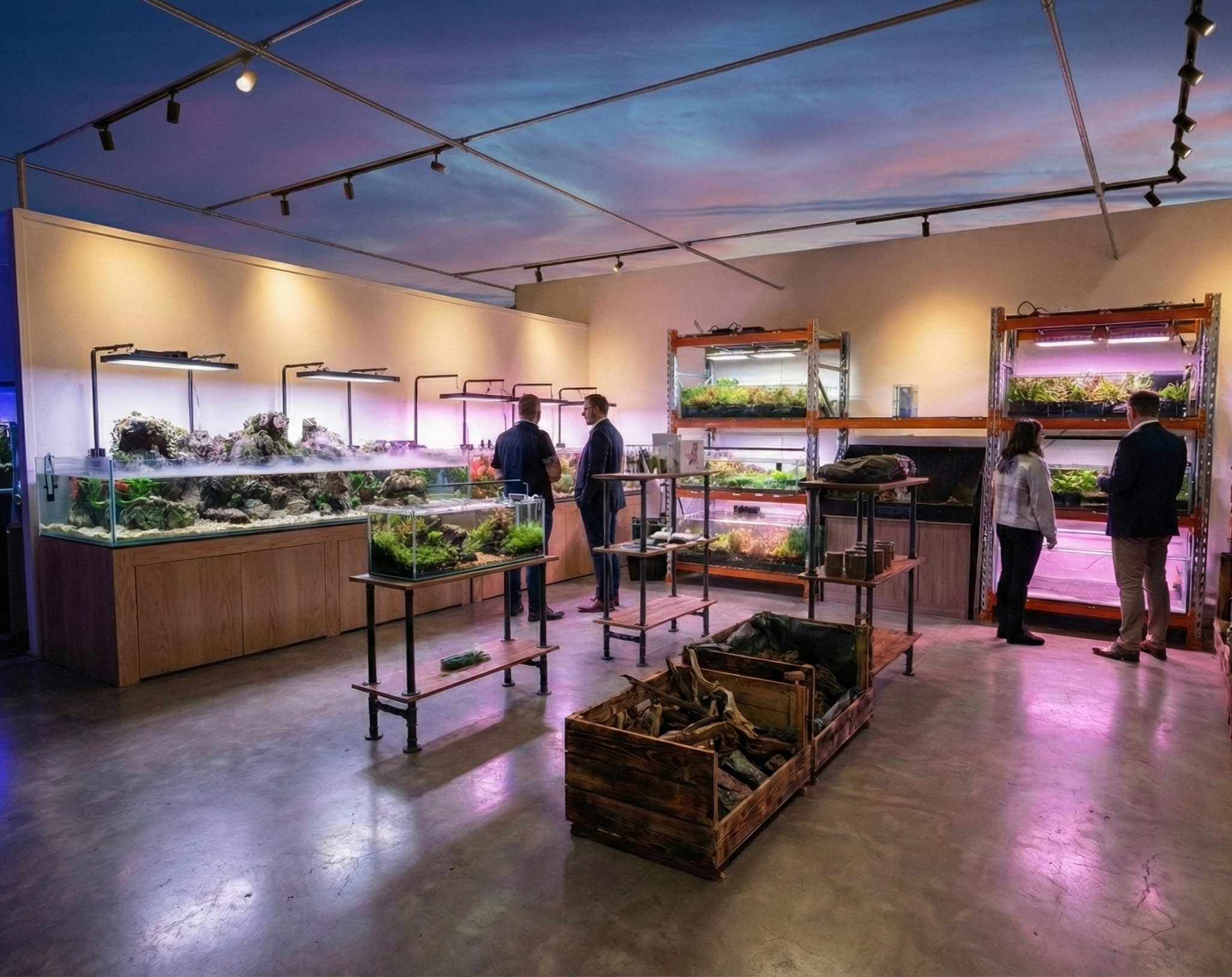 Modern indoor farming facility with people observing plants.