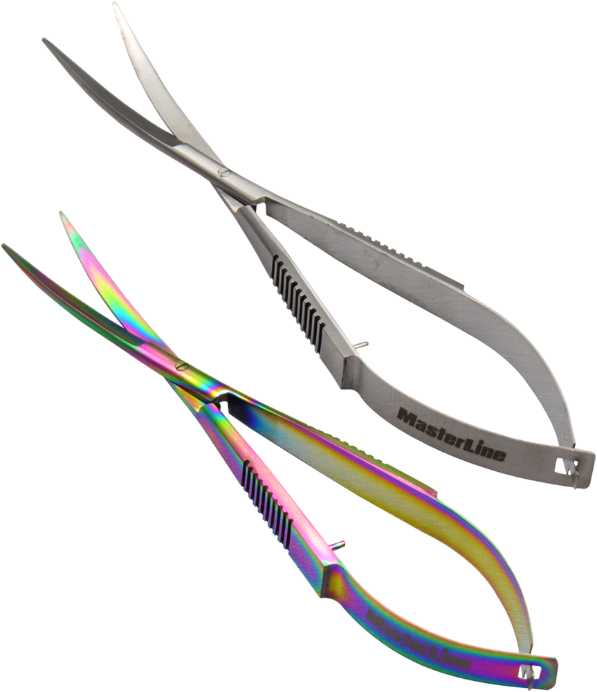 Pair of scissors with rainbow handle and metallic sheath on a white background