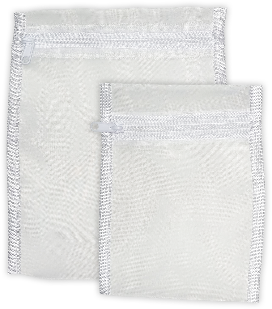 Two white mesh laundry bags on a white background