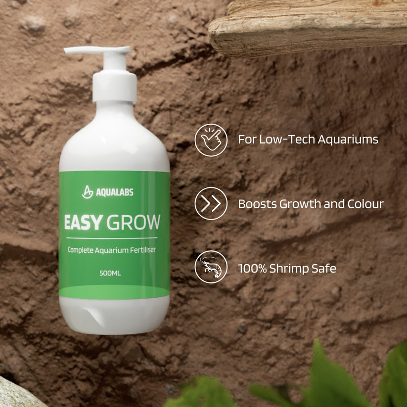 Aqualabs Easy Grow aquarium fertilizer bottle with features listed 