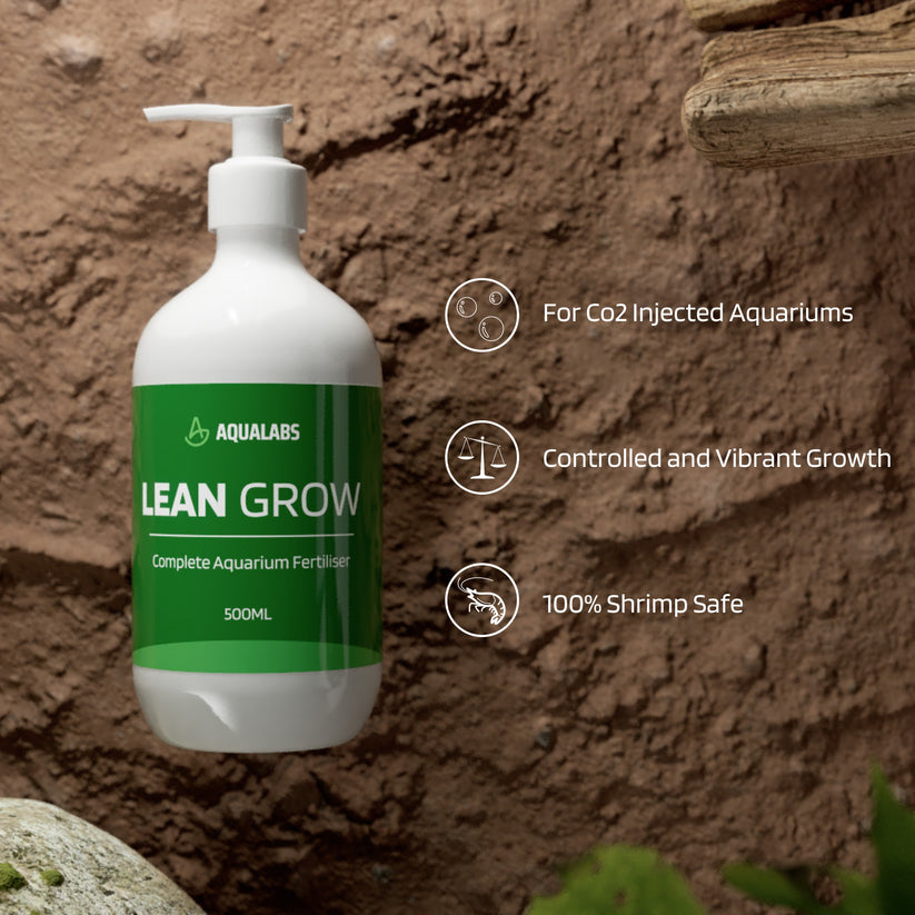 Aqualabs Lean Grow fertilizer bottle with features 