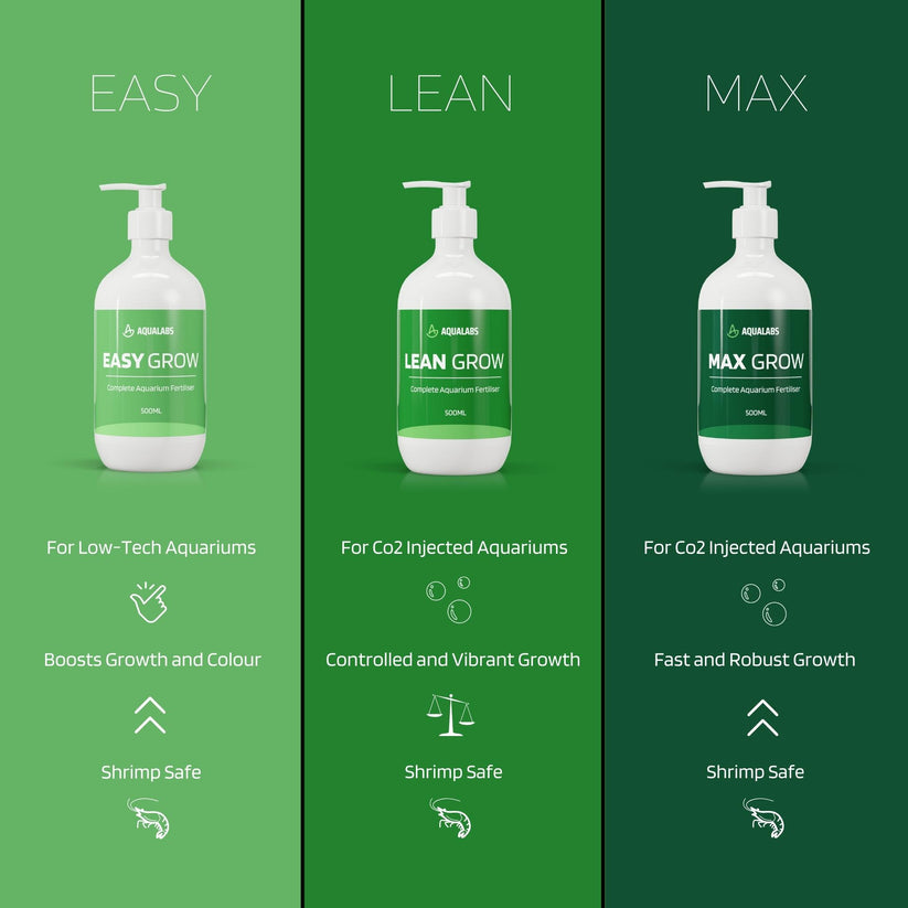 Three bottles of Aquael aquarium products labeled 'Easy Grow', 'Lean Grow', and 'Max Grow'