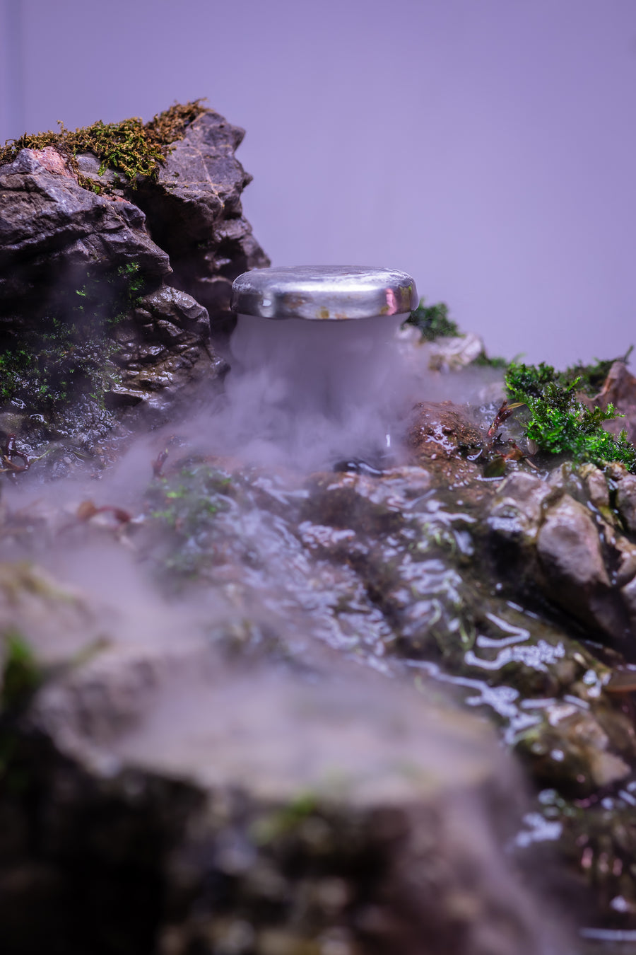 Small water fountain on a rock with a blurred background