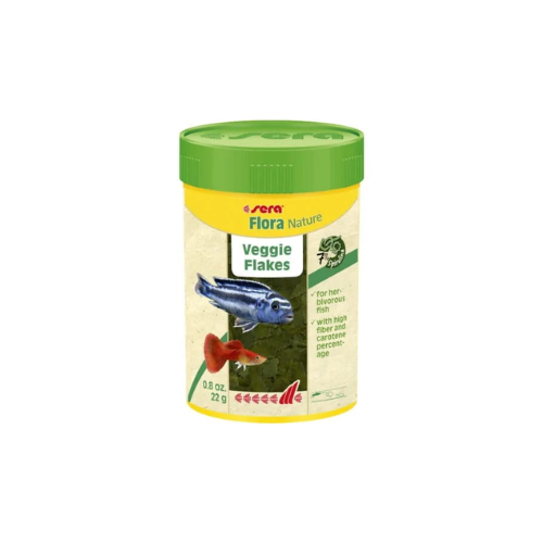 Sera Flora Nature Veggie Flakes fish food container on a white background