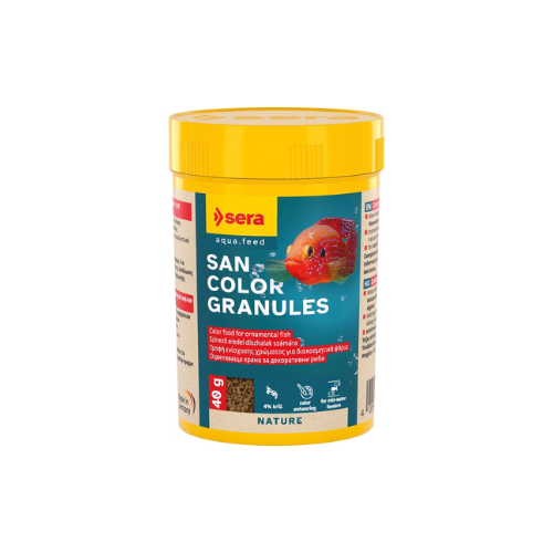 Sera San Color Granules fish food container on a white background