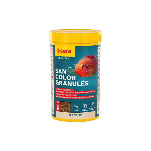 Sera San Color Granules fish food container on a white background