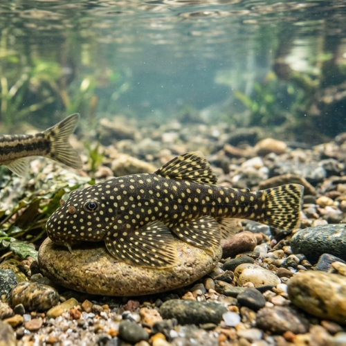 Fish with a patterned body resting on a rock in a natural underwater setting.