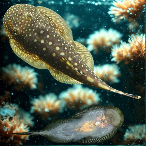 Two flatfish swimming among corals in an underwater setting