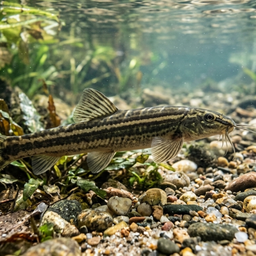 Fish swimming in a stream with pebbles and plants
