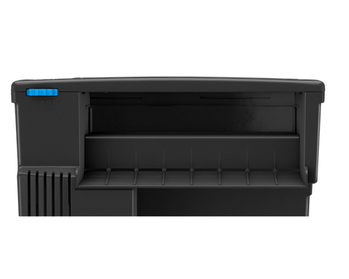 Black plastic storage unit with compartments on a white background