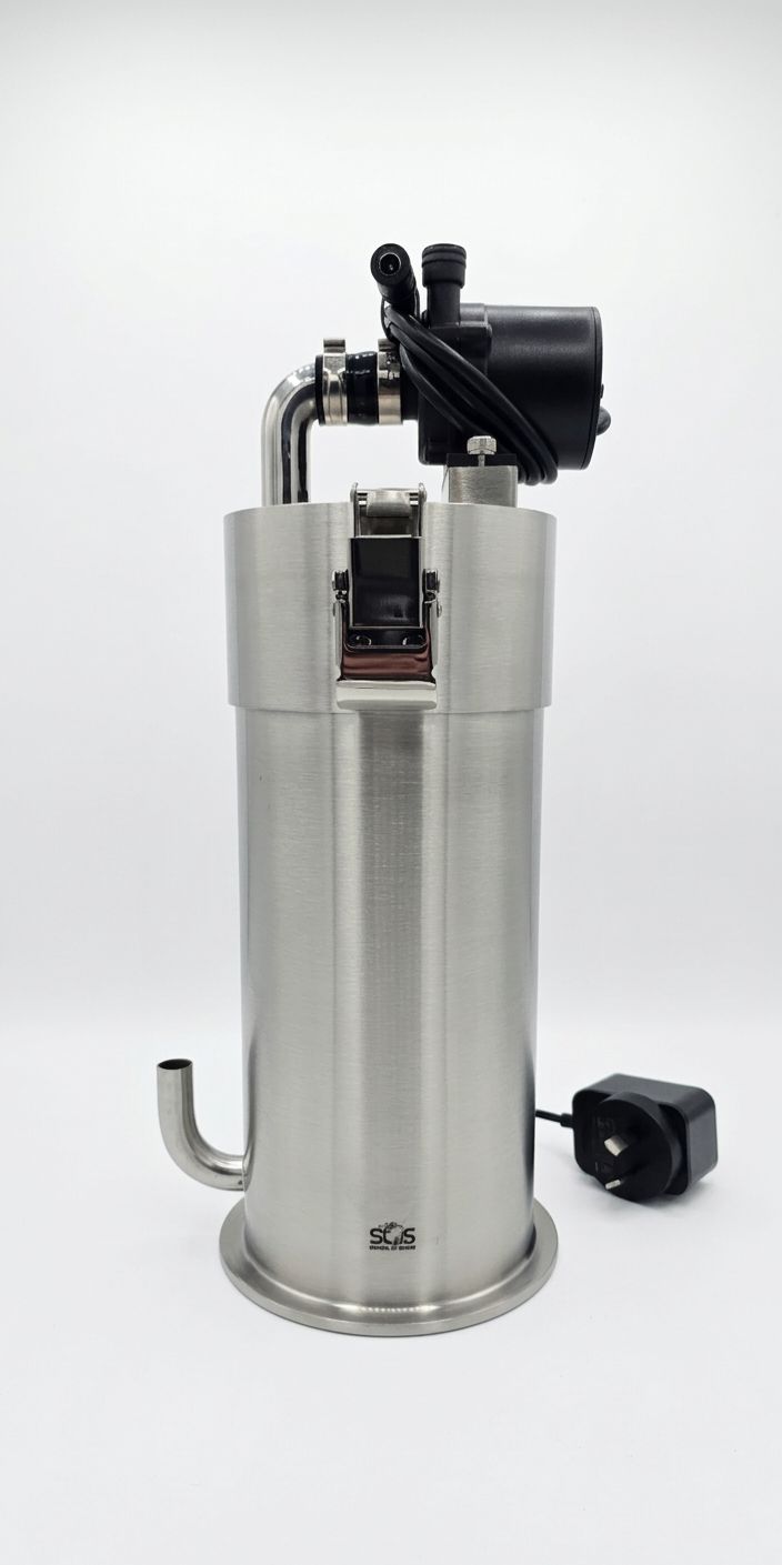 Stainless steel water filter on a white background