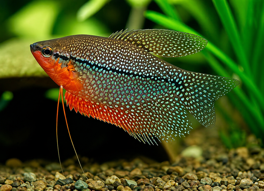 Colorful fish with a red and blue pattern in an aquarium setting