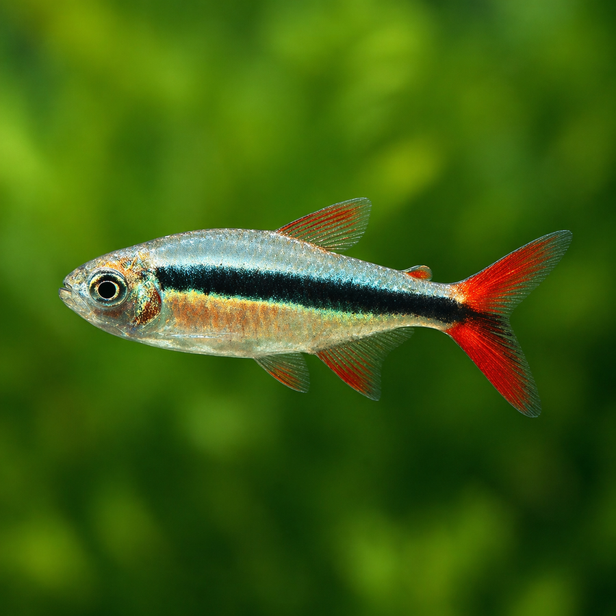 Colorful fish with red and blue tail fin on a green blurred background