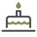 Icon of a cake with a candle and a drop of water, symbolizing a water bottle cap.