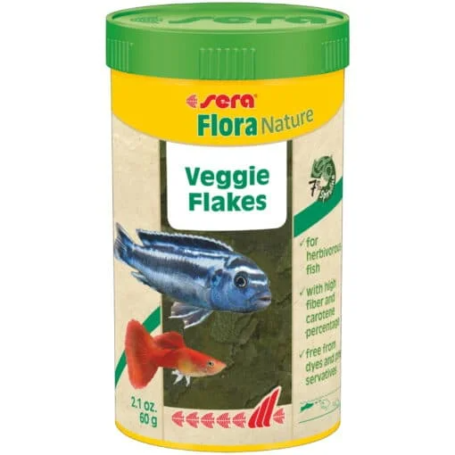 Sera Flora Nature Veggie Flakes fish food container with images of fish on a white background