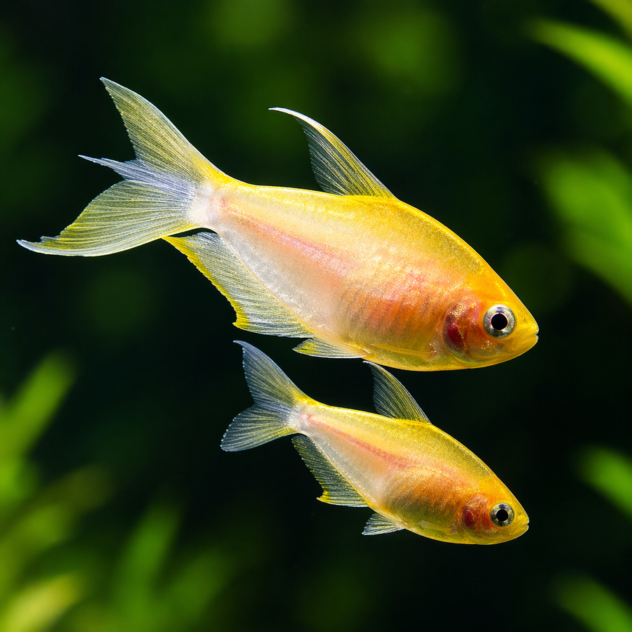 Two yellow fish swimming in an aquarium with a blurred green background