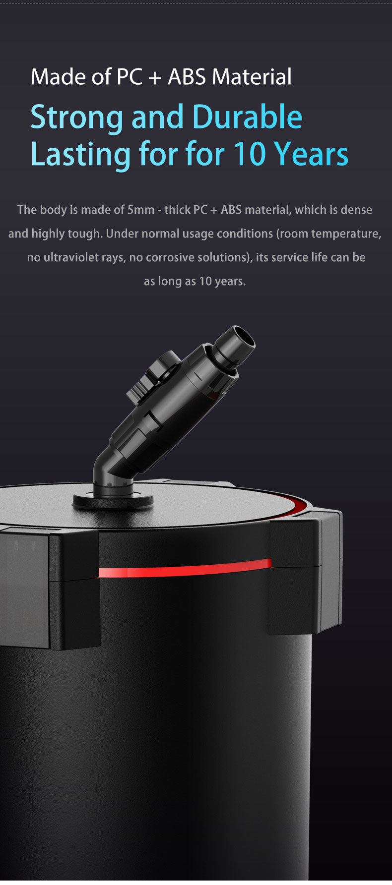 Black product with red accent on a dark background, featuring text about material strength and durability.