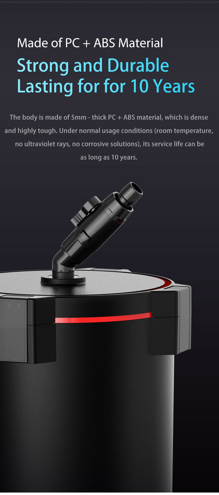 Black product with red accent on a dark background, featuring text about material strength and durability.