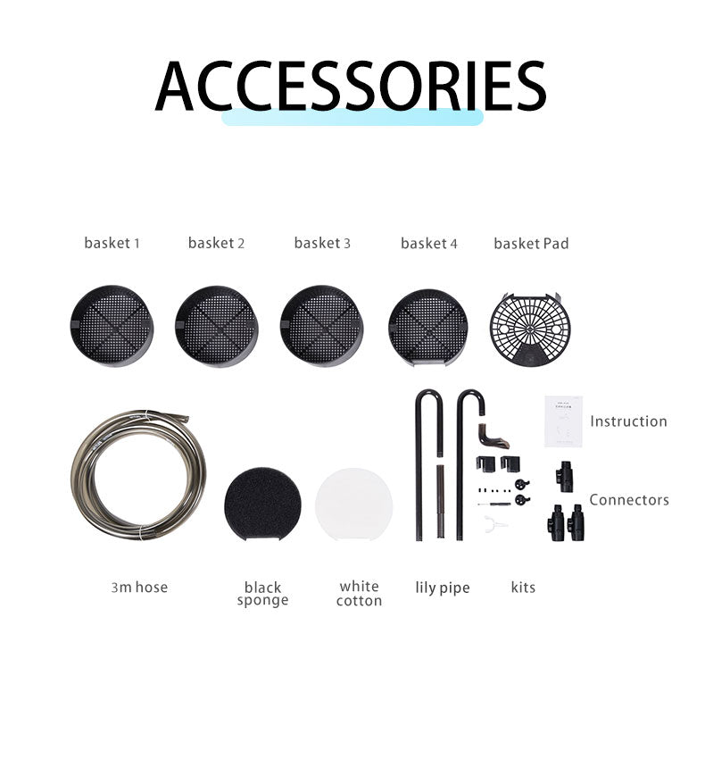 List of aquarium accessories including baskets, hose, sponge, cotton, pipe, and connectors 