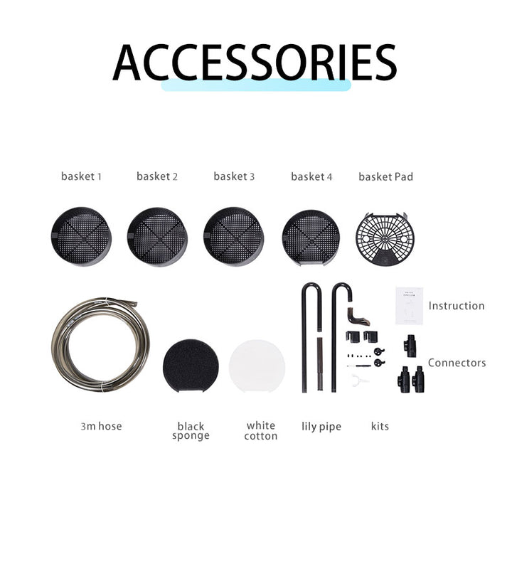 List of aquarium accessories including baskets, hose, sponge, cotton, pipe, and connectors 