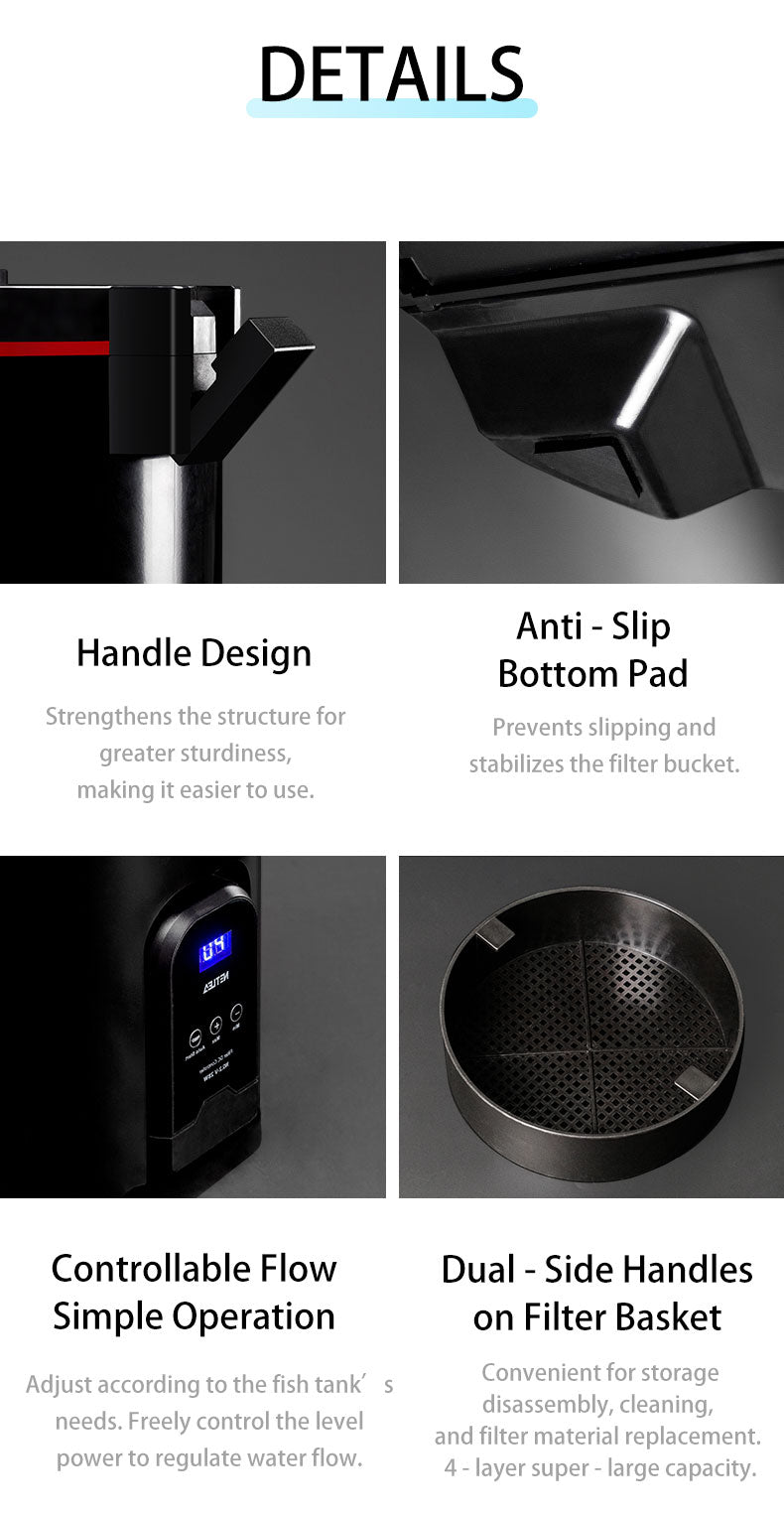 Product features with text on handle design, anti-slip bottom pad, controllable flow, and dual-side handles.