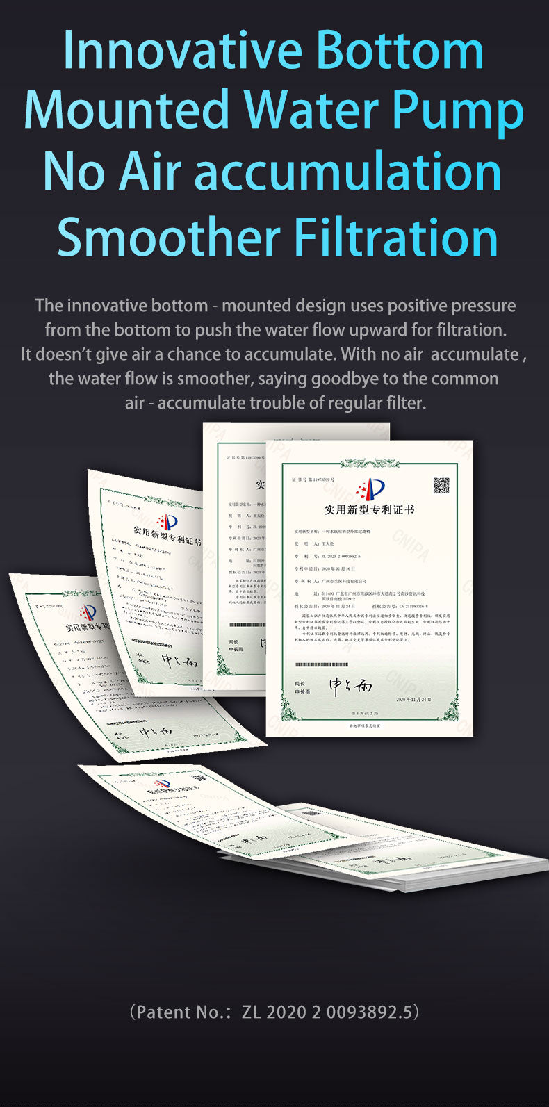 Promotional text about an innovative bottom-mounted water pump with technical documents displayed.