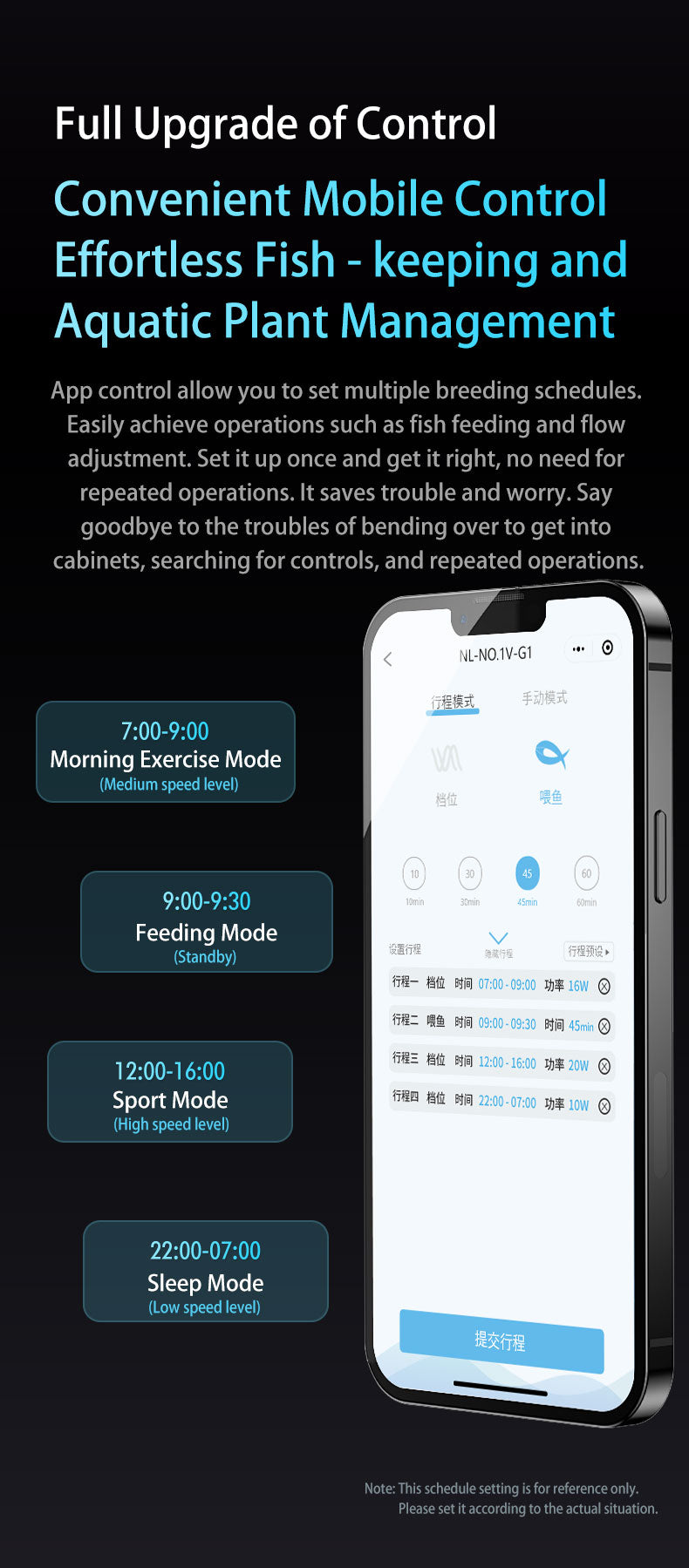 Smartphone displaying an app interface for managing fish and aquatic plants with text about app features.