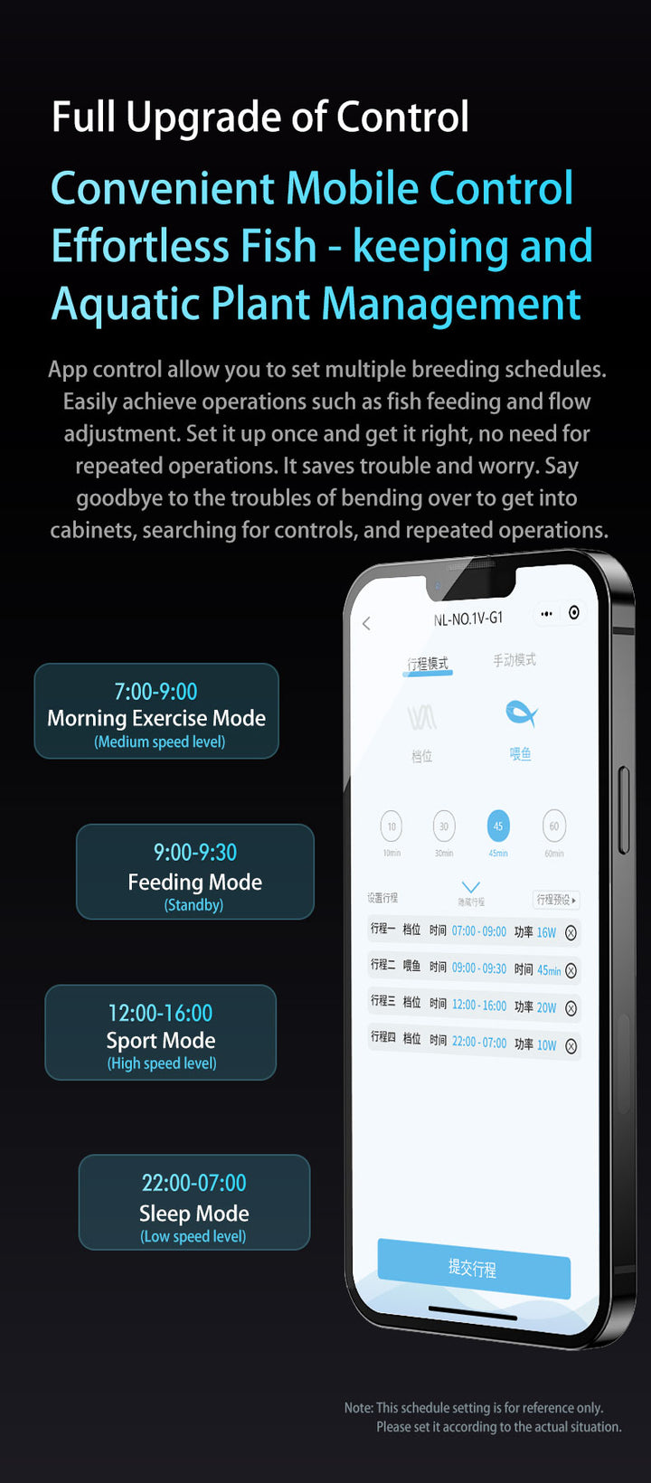 Smartphone displaying an app interface for managing fish and aquatic plants with text about app features.